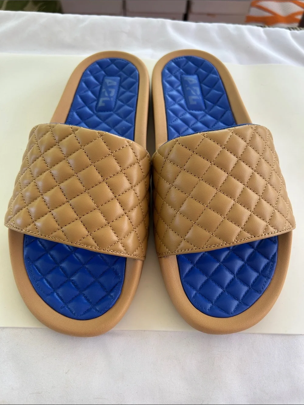 APL Men’s Lusso Nappa Leather Slides Tan Cobalt NEW in Box Size 9